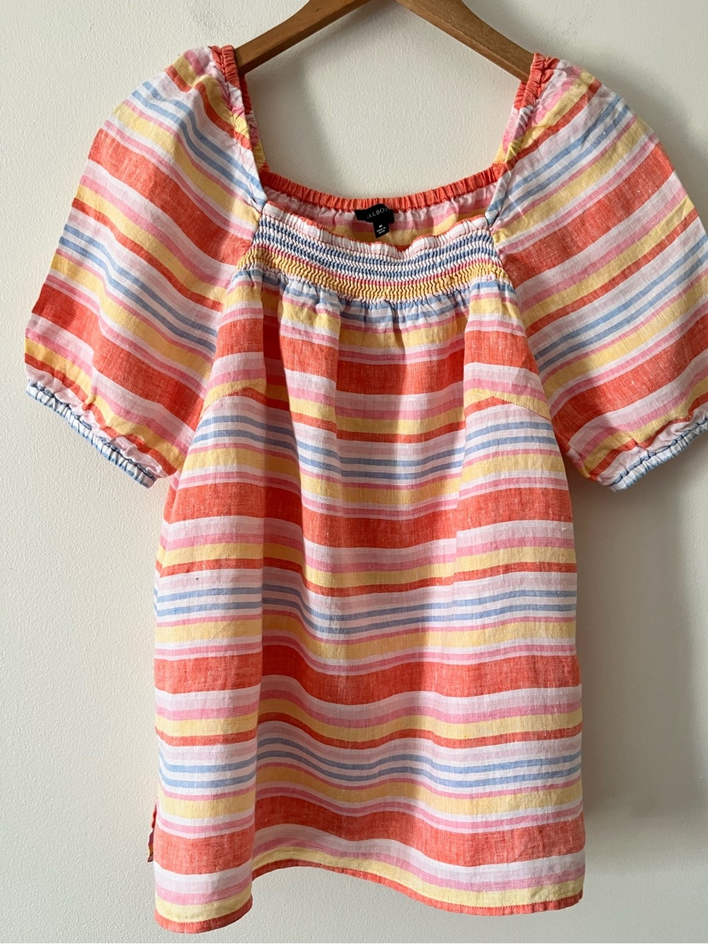 Talbot’s Pastel Rainbow Stripe 100% Linen Lightweight Square Neckline Top Medium